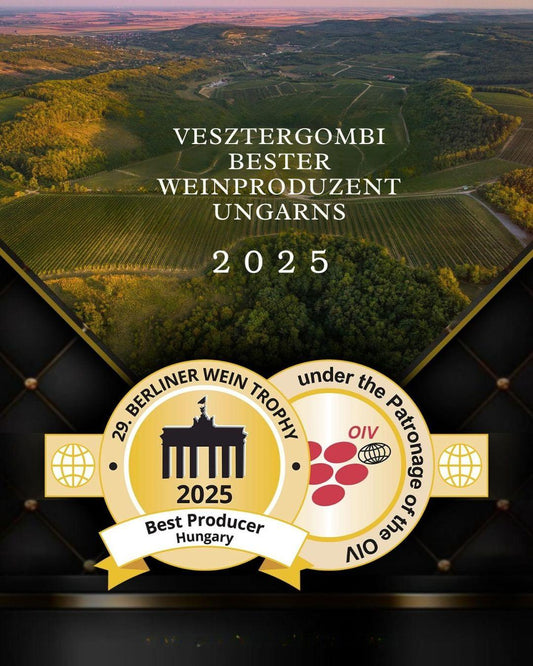 Luftaufnahme von Weinbergen mit Text 'Vesztergombi bester Weinproduzent Ungarns 2025' und Auszeichnungssiegel für besten Weinproduzenten 2025